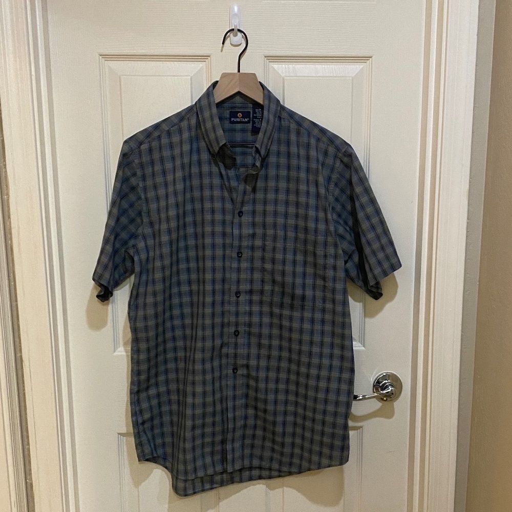 Puritan Men's Button Down‎ Shirt-Plaid-Blue Khaki-Size M